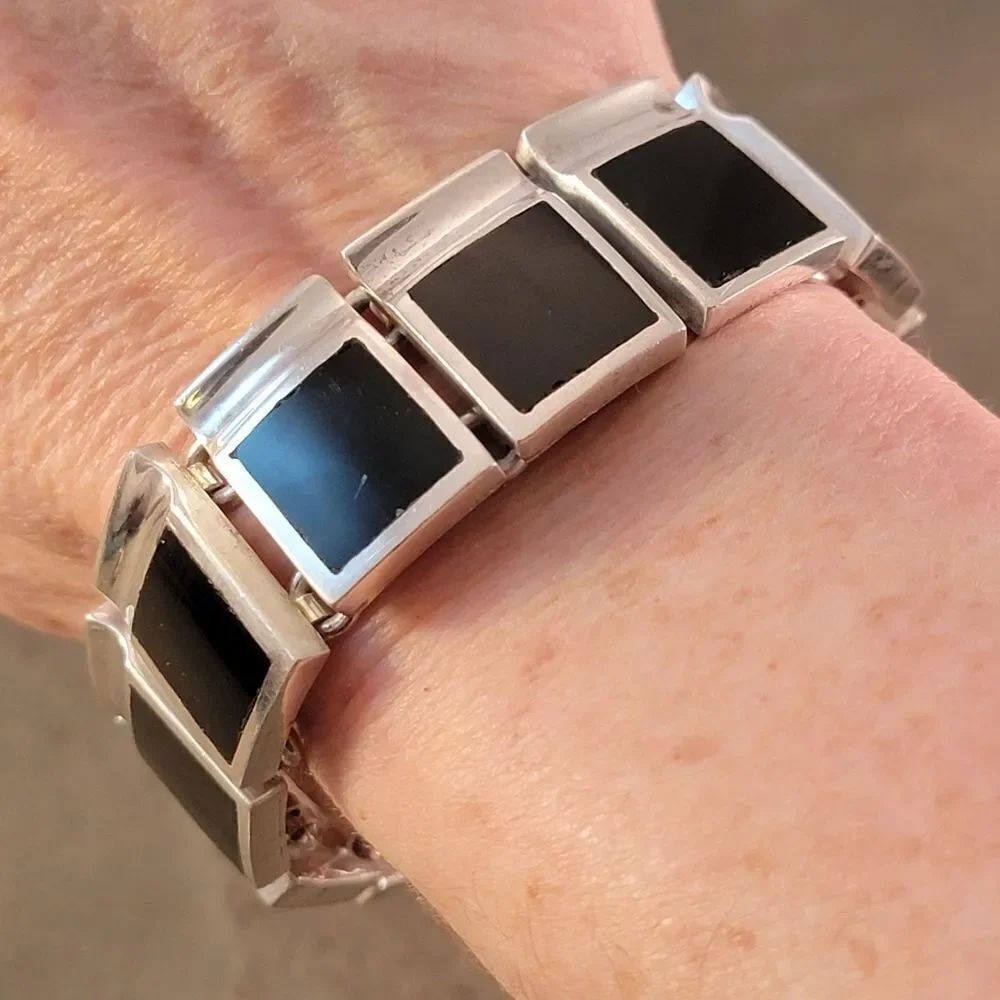 Vintage Taxco Heavy Squares Onyx Sterling Silver Statement Link Bracelet